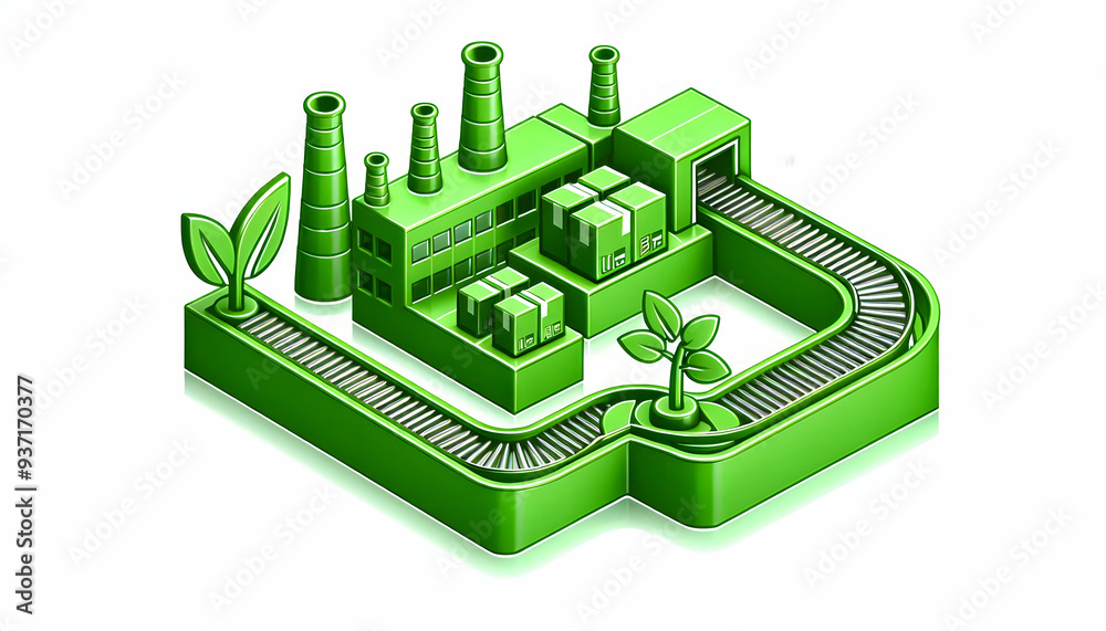 3D Icon as Green packaging and factory conveyor concept as Green packaging paired with a factory conveyor representing the use of eco friendly materials in manufacturing processes ideal for clean and 