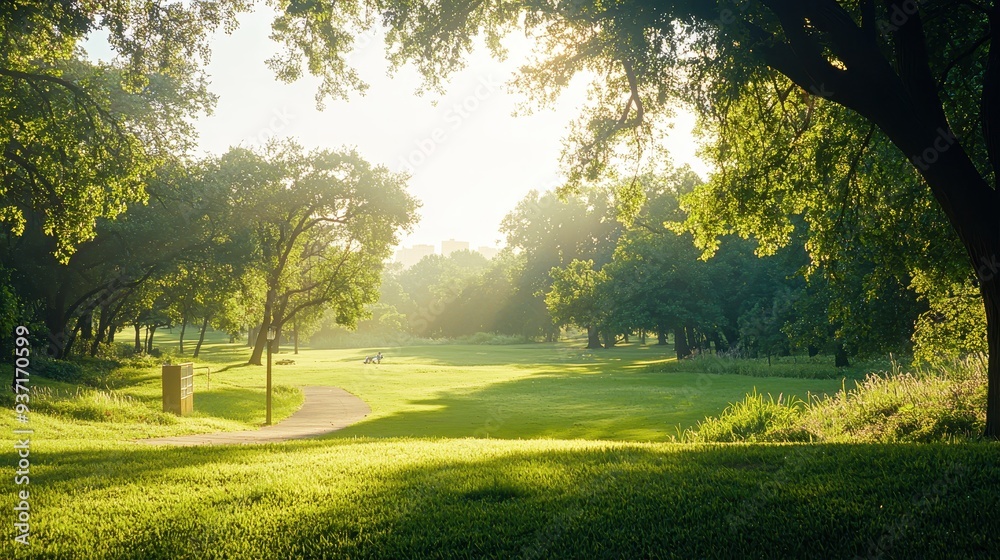 Fototapeta premium Beautiful Green Meadow with Trees and Pathway at Sunrise
