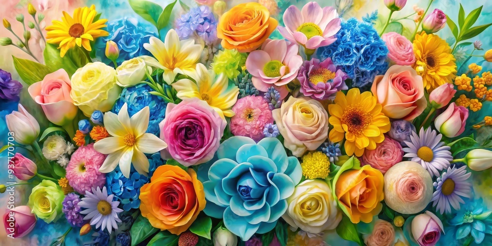 A Colorful Bouquet of Roses, Sunflowers, and Other Flowers, Digital Painting, Close Up, Floral Arrangements, Flowers