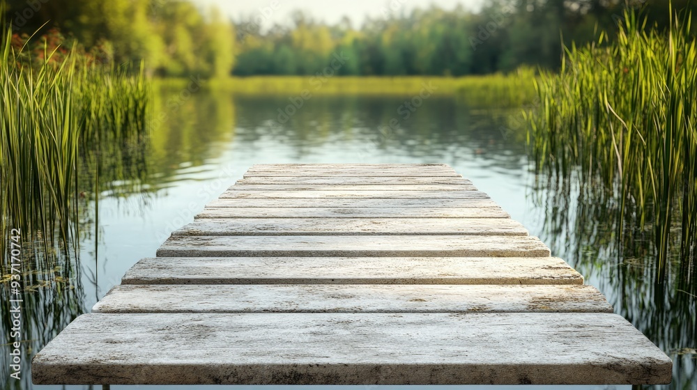 Fototapeta premium Eco-friendly boardwalk made of recycled plastic, surrounded by wetland plants, bright daylight
