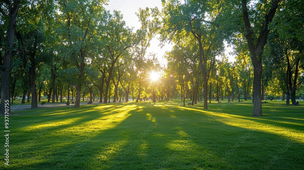 Sunbeams Through Trees in a Green Meadow Sunbeams Through Trees in a Green Meadow