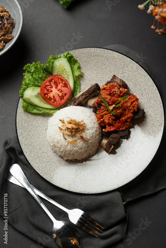 This is fried beef rib rice typical of Indonesian food