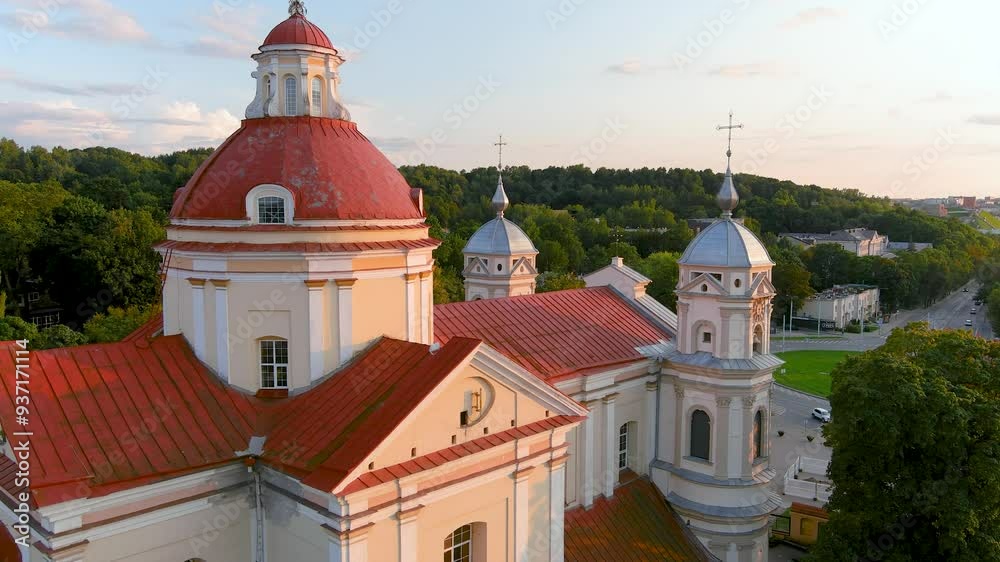 Aerial view of the Church of St. Peter and St. Paul, located in Antakalnis district in Vilnius. Beautiful summer evening in the capital of Lithuania. Summer city scenery in Vilnius, Lithuania.