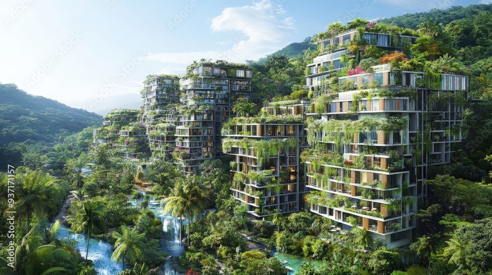 Eco-friendly hotel with a green façade and rainwater collection, surrounded by nature, soft light Eco-friendly hotel with a green façade and rainwater collection, surrounded by nature, soft light