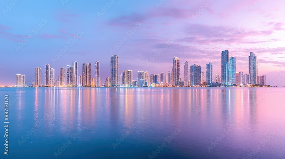Pink Sky Cityscape at Sunset with Water Reflection Pink Sky Cityscape at Sunset with Water Reflection