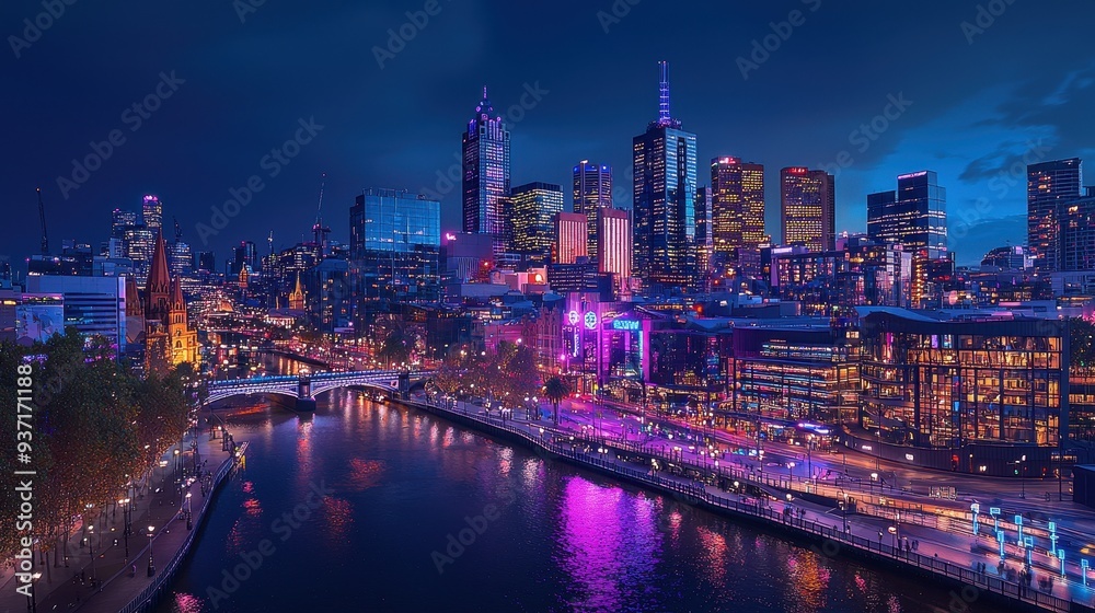 Night Cityscape with River Reflections and Illuminated Buildings Night Cityscape with River Reflections and Illuminated Buildings