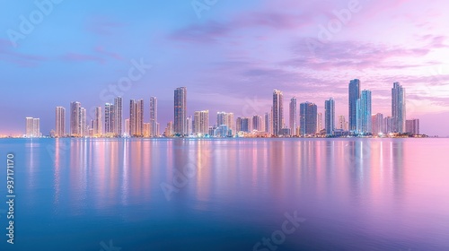 Pink Sky Cityscape at Sunset with Water Reflection