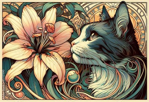 Decorative painting of flowers and a cat, generated by AI.