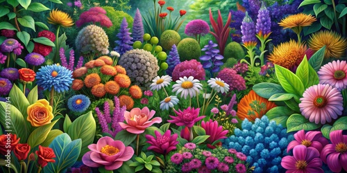 Wallpaper Mural A Lush Garden of Vibrant Blooms, Digital Painting, Colorful Flowers, Lush Greenery, Nature, Garden, Flowers Torontodigital.ca