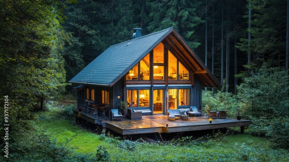 A cozy wooden cabin with large windows nestled in a dense forest, lit up with warm interior lighting and a wooden deck with furniture.