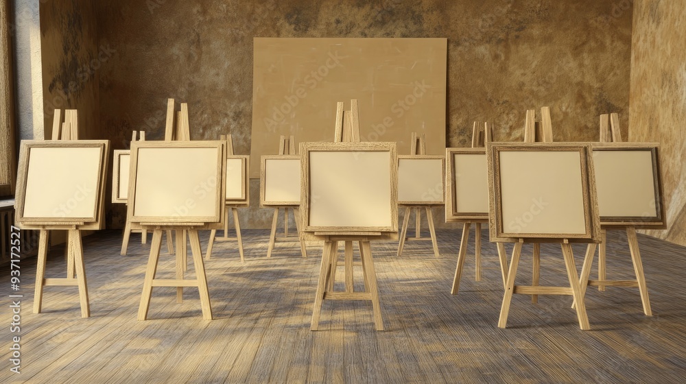 Obraz premium Empty art room with easels and blank canvases, warm ambient light