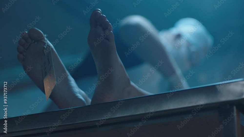 Cadaver's feet and a mortician doing his job at the morgue