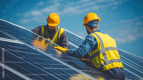Wallpaper Mural Two men in yellow vests are working on a solar panel Torontodigital.ca