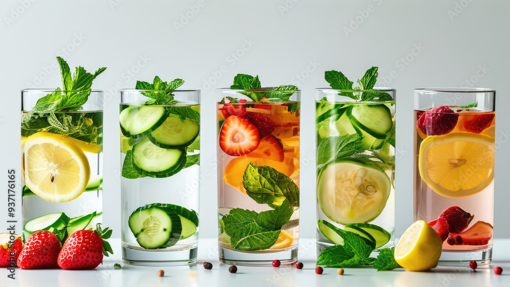 Varieties of Infused Water with Fresh Fruit Chunks: Healthy and Refreshing Beverages Varieties of Infused Water with Fresh Fruit Chunks: Healthy and Refreshing Beverages