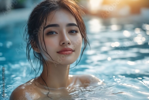 A woman in a swimming pool with water on her face