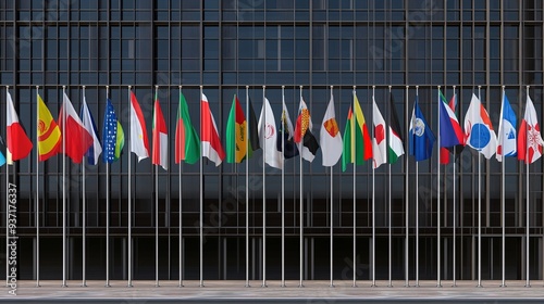 Multinational company headquarters with flags from various countries, tall building, daytime