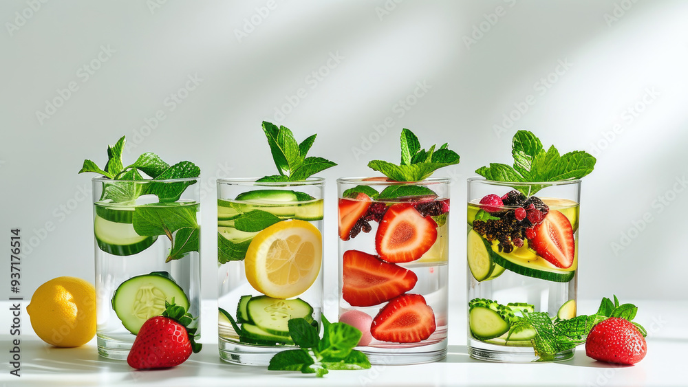 Naklejka premium Varieties of Infused Water with Fresh Fruit Chunks: Healthy and Refreshing Beverages