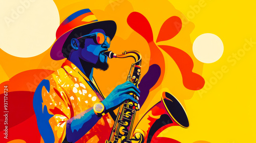 Soulful Sax Serenade: A vibrant illustration of a saxophonist lost in the rhythm, bathed in warm hues, capturing the essence of musical passion. 