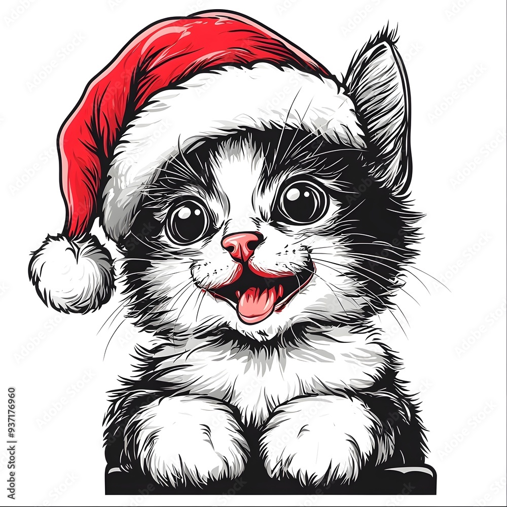 Cute Kitten Wearing Santa Hat Christmas Illustration Cute Kitten Wearing Santa Hat Christmas Illustration