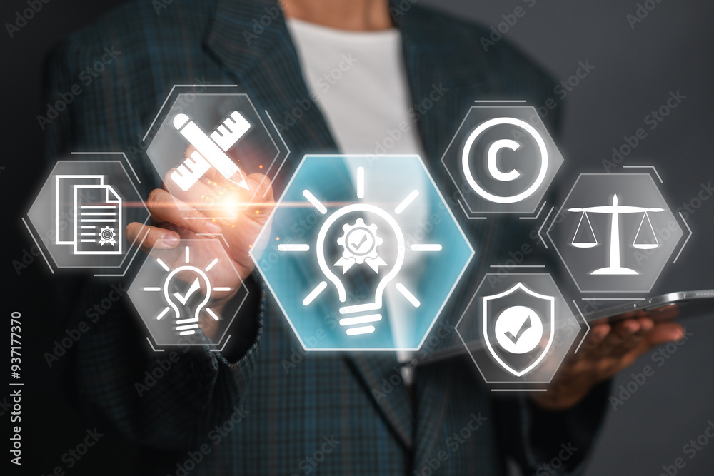 Visual representation of intellectual property concepts including copyright, patent, and legal protection with modern digital interface icons. Visual representation of intellectual property concepts including copyright, patent, and legal protection with modern digital interface icons.
