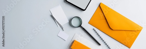 Flat Lay Office Desk with Envelope, Magnifying Glass and Blank Cards - A flat lay image of an office desk with a yellow envelope, magnifying glass, blank cards, pencil and a tablet. The items are arra photo