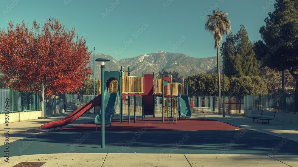 Public park with upcycled playground equipment, vibrant colors, sunny day Public park with upcycled playground equipment, vibrant colors, sunny day