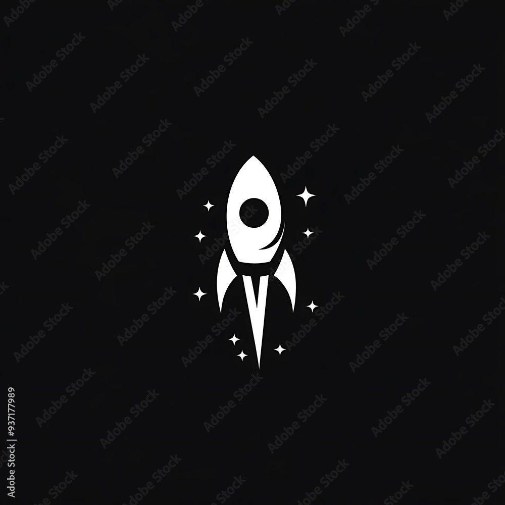 White Rocket Ship with Stars on Black Background White Rocket Ship with Stars on Black Background