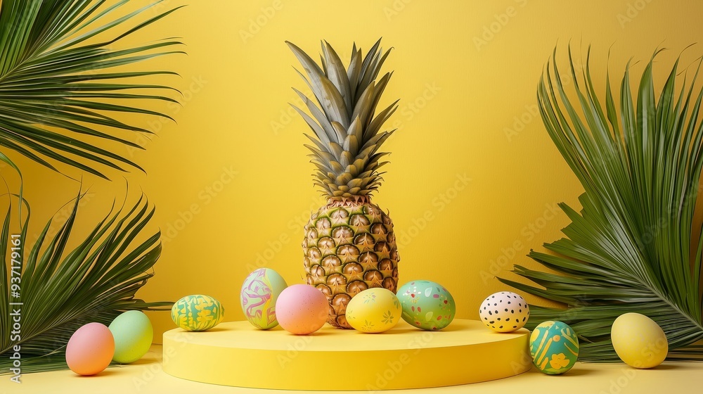 A bright yellow podium with a pineapple-colored background, decorated with tropical Easter eggs and palm leaves, perfect for a sunny Easter celebration A bright yellow podium with a pineapple-colored background, decorated with tropical Easter eggs and palm leaves, perfect for a sunny Easter celebration