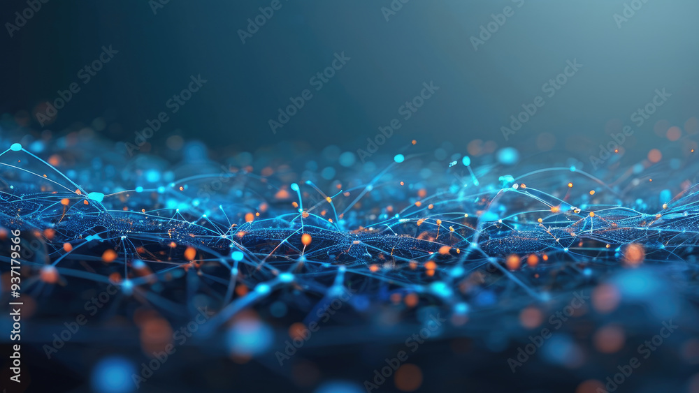 Obraz premium Digital Wallpaper: Interconnected Dots Forming a Complex Network in Dark Blue