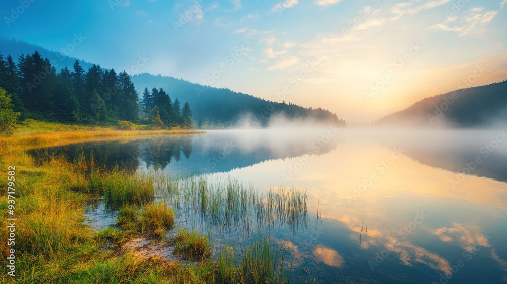 Obraz premium Misty Sunrise Over a Tranquil Mountain Lake