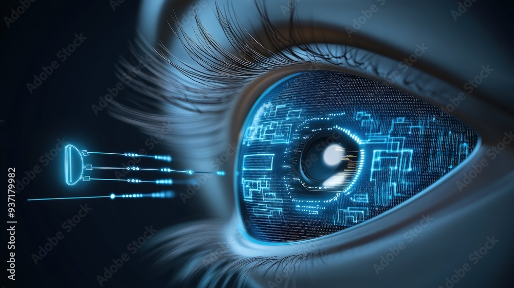 Smart contact lens with an active display, detailed circuitry, close-up with ambient light Smart contact lens with an active display, detailed circuitry, close-up with ambient light