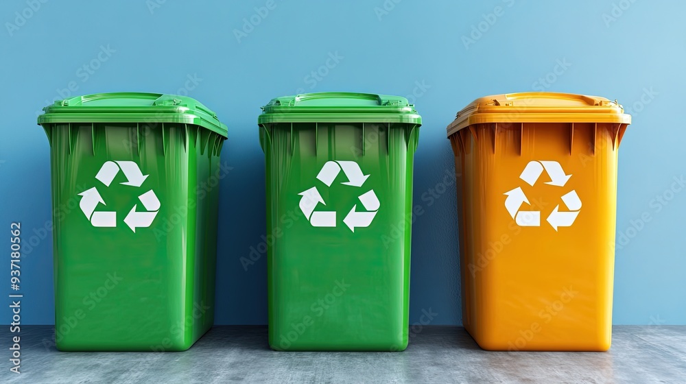 Smart recycling bins with digital sorting technology, sleek design, bright indoor light Smart recycling bins with digital sorting technology, sleek design, bright indoor light