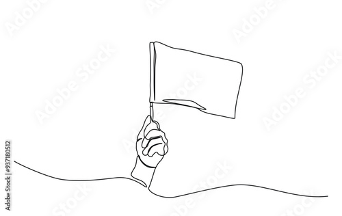 One continuous line drawing hand holding white flag. Hand holds flag in single line illustration.