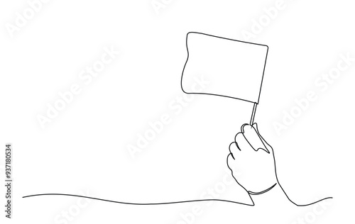 One continuous line drawing hand holding white flag. Hand holds flag in single line illustration.