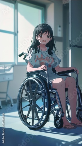 A cheerful girl in a wheelchair smiles warmly while sitting in a hospital room full of light and hope