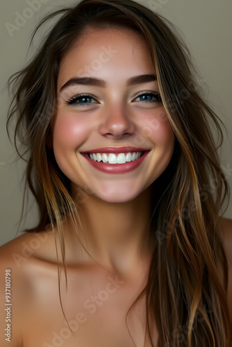 A young woman with long hair and a bright smile, showcasing her clear skin and expressive eyes. The background is softly blurred, emphasizing her cheerful expression.