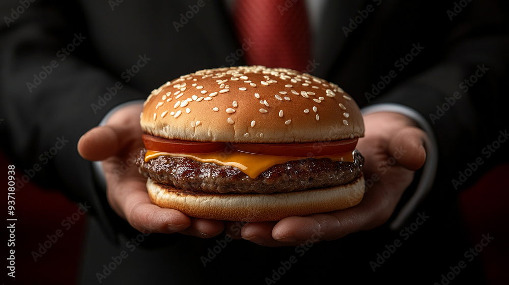 vendor's hand offering a freshly made cheeseburger with vibrant toppings, symbolizing hospitality, comfort food, and the joy of savoring simple pleasures in everyday life vendor's hand offering a freshly made cheeseburger with vibrant toppings, symbolizing hospitality, comfort food, and the joy of savoring simple pleasures in everyday life