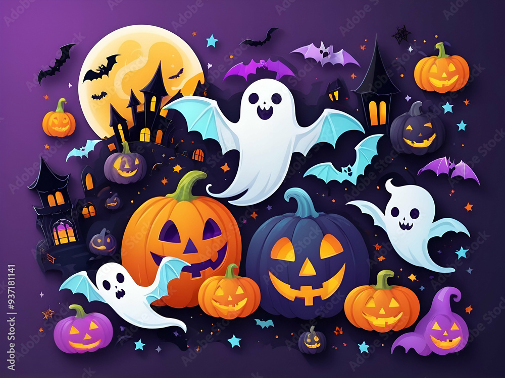 abstract Halloween banner template Bright illustration with iridescent of pumpkins, ghosts, bats abstract Halloween banner template Bright illustration with iridescent of pumpkins, ghosts, bats