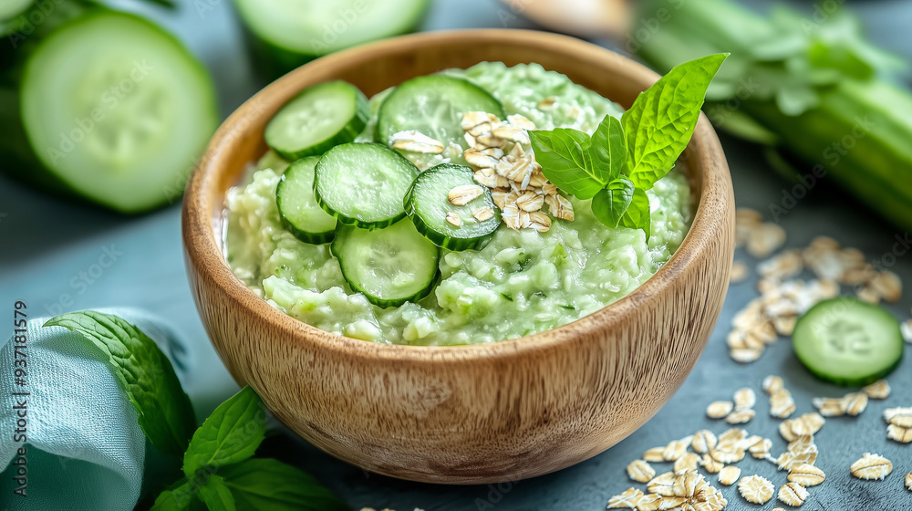 Fresh and Healthy Breakfast Idea with Oat Flakes and Cucumber for Weight Loss and Fitness Fresh and Healthy Breakfast Idea with Oat Flakes and Cucumber for Weight Loss and Fitness