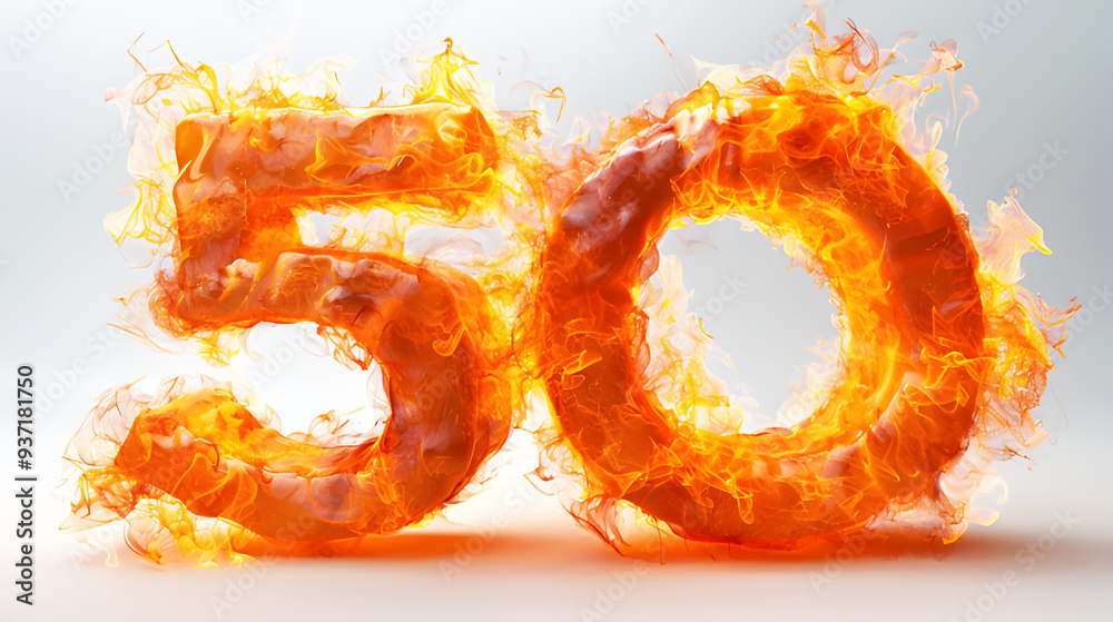 Fire number fifty 50 on white background Alphabet number made of fire