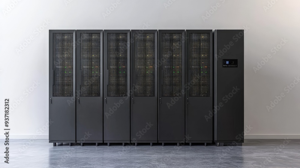 Solar-powered data center with energy-efficient cooling, sleek design, bright indoor lighting Solar-powered data center with energy-efficient cooling, sleek design, bright indoor lighting