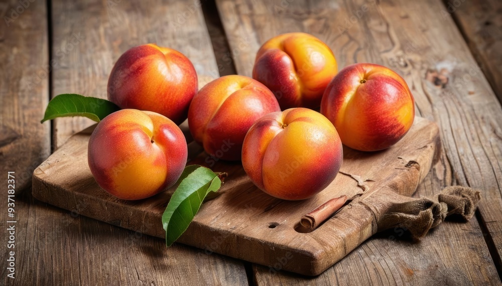 Fresh ripe peaches on a rustic wooden board Fresh ripe peaches on a rustic wooden board