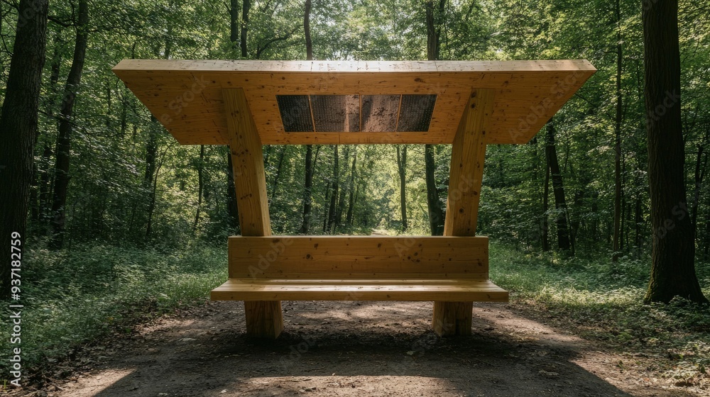 Solar-powered outdoor workspace with seating made from reclaimed wood, surrounded by trees, bright natural light