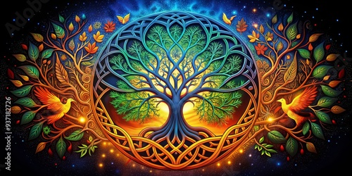 Celestial Tree of Life with Birds, Digital Painting, Tree of Life, Celtic Knot, Fantasy Art, Nature Symbolism