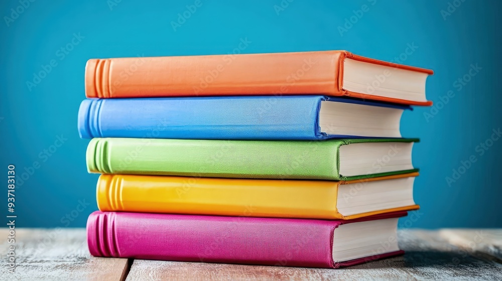 Stack of colorful textbooks on a wooden desk, bright sunlight, classroom background Stack of colorful textbooks on a wooden desk, bright sunlight, classroom background