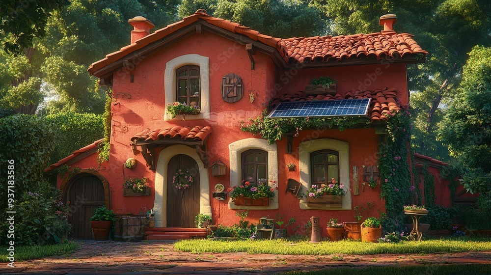 Obraz premium Sustainable home with a solar roof and rainwater collection system, surrounded by greenery, bright sunlight