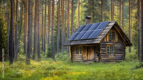 Sustainable wooden cabin with solar panels, nestled in a forest, soft dappled light