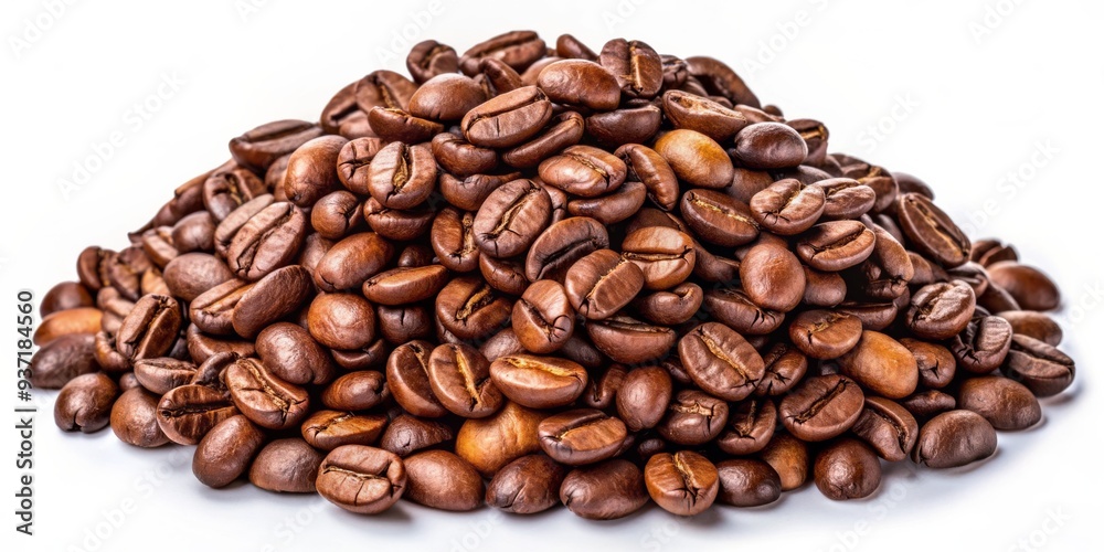 Naklejka premium Coffee Bean Pile - Close-up Photography, White Background, Roasted Coffee Beans, Caffeine, Coffee, Beverage, Aroma