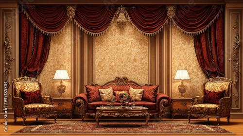 Victorian parlor with ornate furniture, heavy drapes, and rich colors, warm, dim light photo