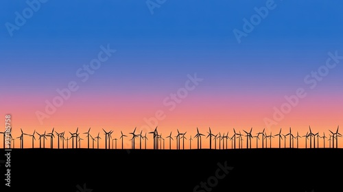 Wind farm at dawn, turbines silhouetted against the sky, soft morning light